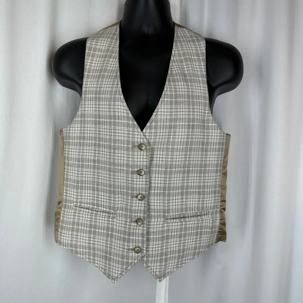 Men's Reversible Plaid Button‎ Vest Size S? Gray Tan Waistcoat READ